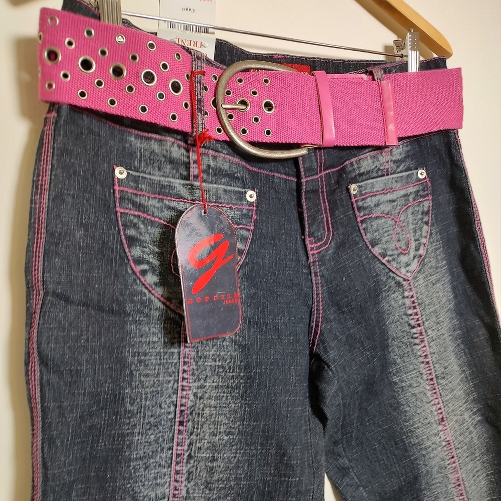 Goddess Trend Stylish Black Stone Washed Cropped Jeans With Pink Stitching - Picture 2 of 6